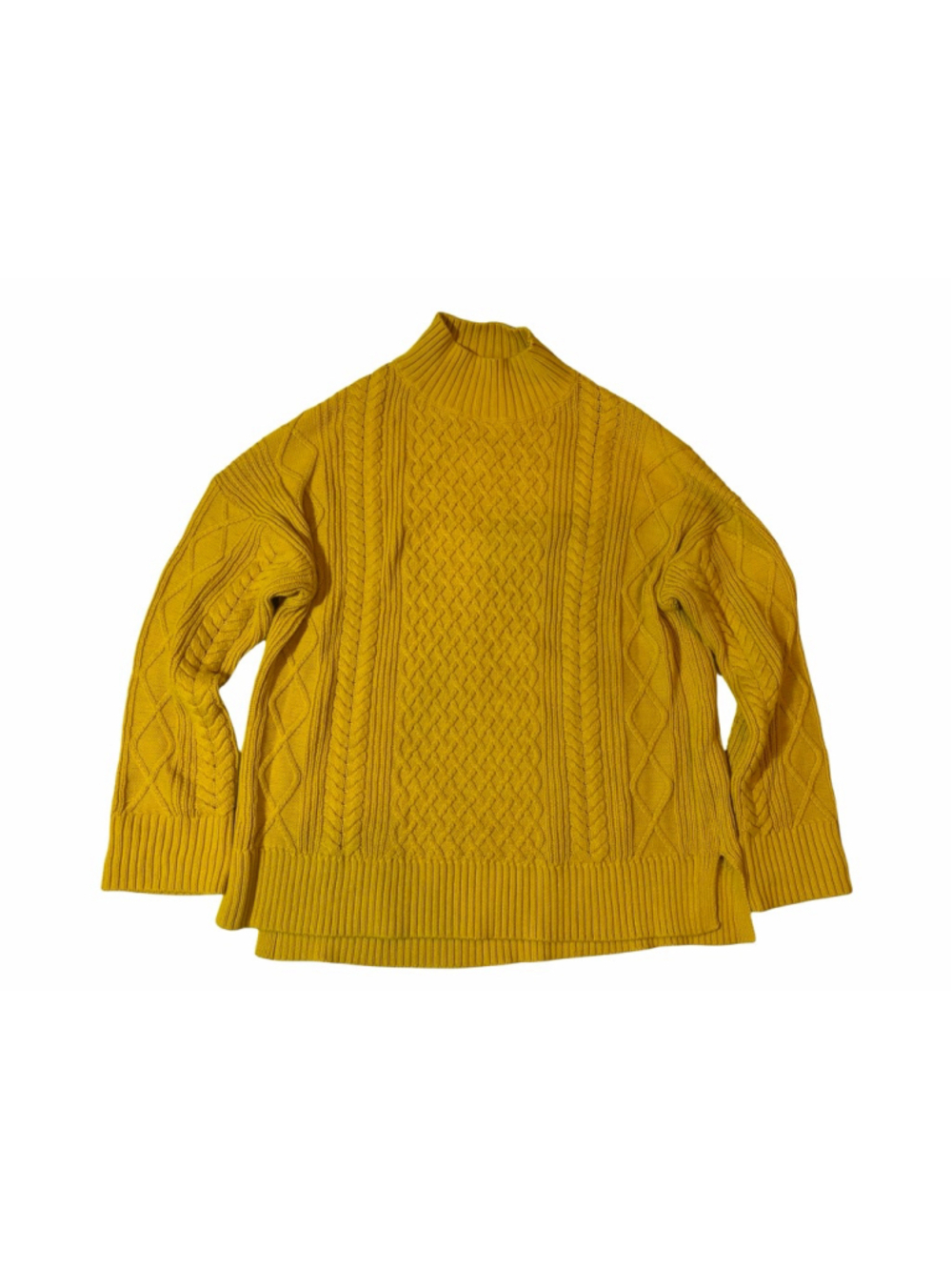 J. Crew Mustard Yellow Cable Knit Mock Neck Sweater Cotton Cottagecore Cozy